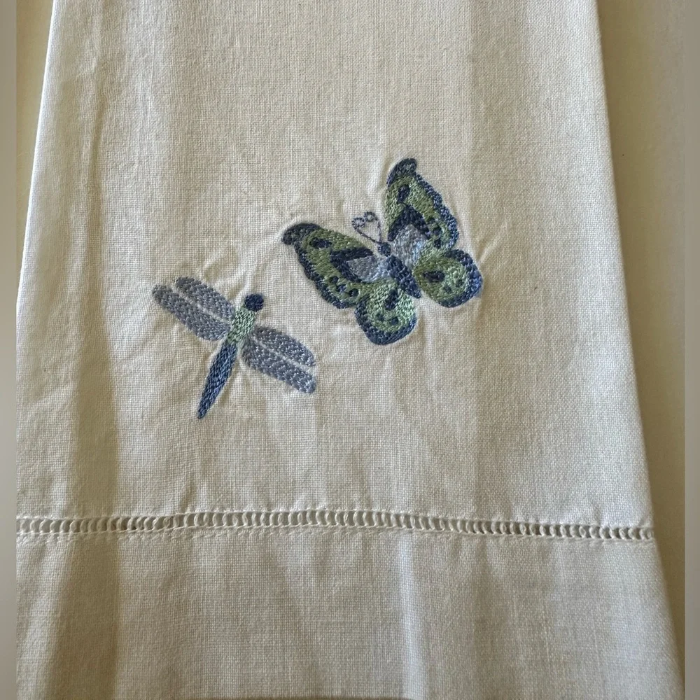 Two White w/ Blue & Green Dragonfly & Butterfly Embroidered Cotton Hand Towels.